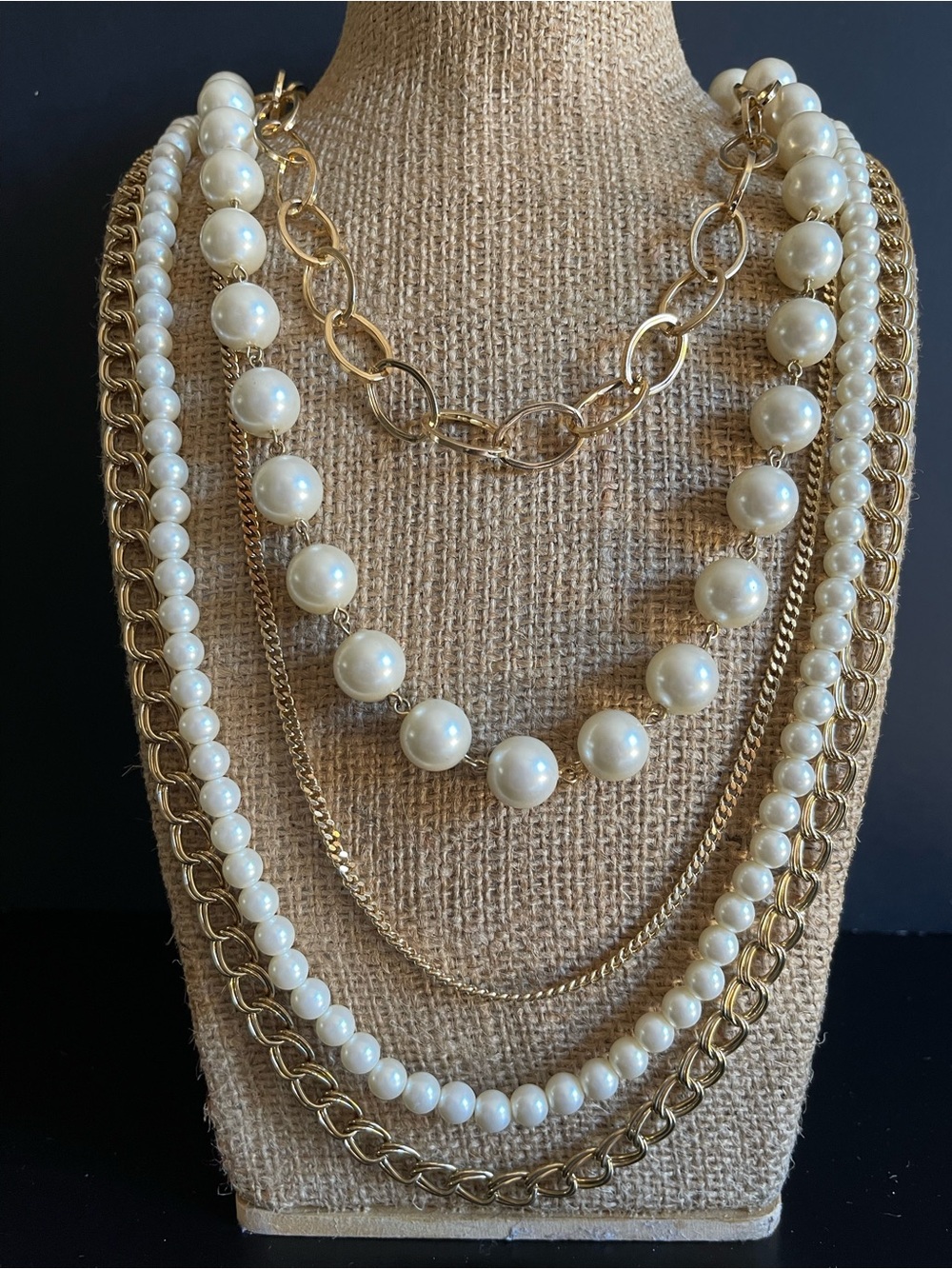Ann Taylor chunky Gold tone Ivory faux Pearl Layered Necklace.